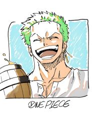  1boy alcohol beer beer_mug closed_eyes collarbone commentary_request copyright_name cup earrings facing_viewer glint green_hair highres jewelry komucom03 male_focus mug one_piece open_mouth roronoa_zoro shirt short_hair smile solo teeth upper_body white_shirt 