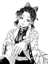  1girl 1other animal_print belt black_jacket black_pants butterfly_hair_ornament butterfly_print butterfly_print_haori commentary_request demon_slayer_uniform greyscale hair_ornament haori holding_hands jacket japanese_clothes kimetsu_no_yaiba kochou_shinobu looking_at_viewer medium_hair monochrome pants parted_bangs parted_lips print_haori sidelocks smile updo upper_body white_background white_belt yama_ga_kuru 