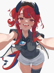  1girl absurdres blue_hair blush breasts collarbone dragon_horns dragon_wings highres horns large_breasts looking_at_viewer mawe127 multicolored_hair neti_(trickcal) open_mouth pointy_ears red_hair shorts simple_background solo tongue tongue_out tooth trickcal two-tone_hair two-tone_wings white_background wings 