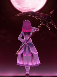  1girl absurdres back_bow black_collar black_ribbon bow collar commentary corecamilox4 detached_collar dress eiyuu_densetsu english_commentary frilled_dress frills from_behind full_moon gothic_lolita hair_ribbon highres holding holding_behind_back holding_scythe holding_weapon holding_weapon_behind_back huge_weapon layered_dress legs_together lolita_fashion long_dress long_sleeves medium_hair moon night outdoors puffy_long_sleeves puffy_sleeves puritan_collar purple_bow purple_hair purple_trim renne_(eiyuu_densetsu) ribbon scythe sky solo sora_no_kiseki sora_no_kiseki_sc standing star_(sky) weapon white_dress 