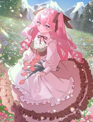  1girl absurdres blue_eyes blush bow chilcy_(fermata) cross-laced_clothes cross-laced_top curled_ends dress field flower flower_field frilled_dress frills hair_bow highres long_hair mountain original pink_hair sleeve_cuffs solo tree tulip twintails watermark 