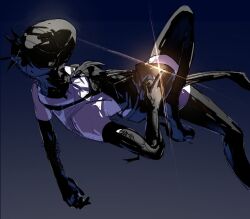  1girl apron bare_shoulders black_apron black_gloves black_ribbon black_shoes black_shorts black_thighhighs bomb bomb_hybrid_(chainsaw_man) breasts chainsaw_man commentary elbow_gloves explosive foot_out_of_frame giyu_ice gloves gradient_background highres medium_breasts midair neck_ribbon reze_(chainsaw_man) ribbon shirt shoes shorts sketch sleeveless sleeveless_shirt solo thigh-highs untranslatable_commentary white_shirt 