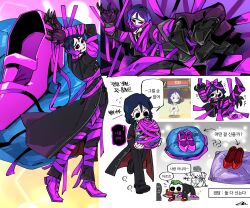  2others arms_up axe black_coat black_eyes black_pants black_sclera blue_hair clawed_gauntlets coat collared_shirt colored_sclera e.g.o_(project_moon) employee_(project_moon) force_(4sk_force) green_hair lcb_uniform_(project_moon) limbus_company lobotomy_corporation medium_hair multiple_others multiple_views necktie nugget_(project_moon) pants pillow pink_eyes pink_ribbon pink_shoes_(project_moon) ppodae project_moon red_necktie ribbon roseate_desire_(e.g.o) shirt the_red_shoes_(project_moon) white_shirt 