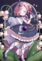  1girl black_gloves blue_cape blue_dress blue_gem blue_shoes bluebell_candy bow bowtie candy cape closed_eyes commentary_request dress flower food frilled_dress frills gem gloves hair_ornament hat highres holding holding_candy holding_food leaf magical_girl mahou_shoujo_ikusei_keikaku mahou_shoujo_ikusei_keikaku_aces night pink_bow pink_bowtie pink_hair qoo_1025 shoes short_hair single_glove sky star_(sky) starry_sky white_flower 
