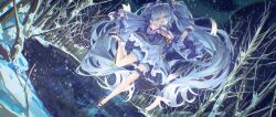  :d absurdres ahoge aqua_hair bad_link detached_sleeves earrings fingerless_gloves forest frilled_thigh_strap gloves hatsune_miku highres jewelry leg_up nature night open_mouth ribbon smile snow snowflakes standing standing_on_one_leg star_(sky) star_(symbol) teeth thigh_strap yancaowei_naiyoutang yuki_miku yuki_miku_(2017) 