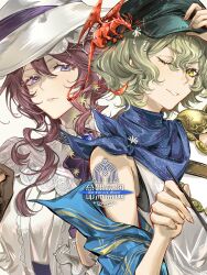  2girls absurdres armor black_gloves black_hat blonde_hair blue_coat blue_gem blue_neckerchief brown_hair brume_(reverse:1999) chinese_commentary coat commentary_request dragon felicienne_(reverse:1999) gem gloves grin hand_on_headwear hand_up hat highres looking_at_viewer multiple_girls neckerchief newsboy_cap off_shoulder one_eye_closed reverse:1999 shirt short_hair shoulder_armor single_bare_shoulder small_dragon smile tank_top violet_eyes white_hat white_shirt white_tank_top xixifusi_de_hualun yellow_eyes 