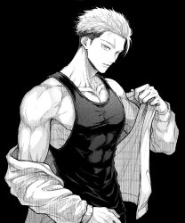  1boy black_background closed_mouth collarbone commentary_request covered_abs highres itadori_yuji jacket jacket_partially_removed jujutsu_kaisen jujutsu_kaisen_modulo looking_at_viewer male_focus nay_bb pectorals scar scar_on_face scar_on_forehead short_hair sideburns simple_background solo tank_top toned toned_male upper_body 