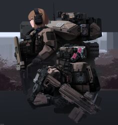  1girl absurdres ammunition_box ammunition_pouch armored_collar assault_rifle ballistic_shield bob_cut brown_hair bulletproof_vest bullpup chevron_(symbol) cityscape cqcnorthfish forest gloves gun headphones highres letterboxed light_machine_gun machine_gun magazine_(weapon) mecha military nature number_print optical_sight original pouch radio radio_antenna red_eyes rifle robot science_fiction shield short_hair sleeve_pouch steyr_aug tactical_clothes tactical_gloves weapon 
