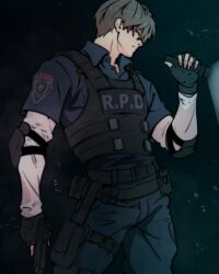  1boy black_gloves blue_pants blue_shirt brown_hair bulletproof_vest collared_shirt cowboy_shot elbow_pads fingerless_gloves flashlight gloves gun hair_between_eyes handgun highres holding holding_flashlight holding_gun holding_weapon leon_s._kennedy male_focus pants police police_uniform resident_evil resident_evil_2 resident_evil_2_(remake) revengoi shirt shirt_under_shirt short_hair simple_background solo standing weapon white_shirt 