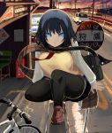  bicycle black_hair black_legwear blue_eyes blue_hair bus_stop car highres loafers motor_vehicle original power_lines psychedelic_g2 scarf school_bag school_uniform shiki_(psychedelic_g2) shoes short_hair solo squatting staring thigh-highs thighhighs train vehicle vending_machine 