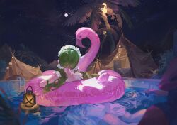  1boy 1girl absurdres back chinese_commentary commentary_request dress feet_out_of_frame flamingo_innertube from_behind full_moon green_hair hair_ornament highres innertube ladder lantern long_hair maid_headdress moon mountain night original palm_tree paper_lantern pool sentter sleeveless solo_focus star_(sky) swim_ring tent tree twintails 