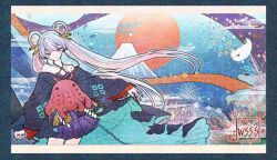  2girls blue_border blue_kimono blue_nails border cho_kaguya-hime! closed_mouth colored_inner_hair commentary_request egasumi hair_ornament hair_rings hair_stick holding_hands interlocked_fingers japanese_clothes kimono long_hair looking_at_viewer mount_fuji multicolored_hair multiple_girls nail_polish off_shoulder pink_hair runami_yachiyo runami_yachiyo_(tsukuyomi) sakayori_iroha sakayori_iroha_(tsukuyomi) seigaiha shide solo_focus very_long_hair white_hair wss_(nicoseiga19993411) 