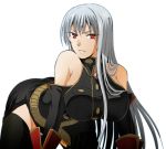  ass breasts kenji_t1710 large_breasts lips long_hair military military_uniform red_eyes selvaria_bles senjou_no_valkyria senjou_no_valkyria_1 side_slit sideboob silver_hair simple_background thighhighs uniform very_long_hair 