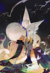  1girl abstract_background absurdres animal_ear_fluff animal_ears avcg3542 bare_shoulders barefoot beads body_markings bug butterfly cape checkered_floor chiaroscuro colored_skin colorful commentary_request detached_sleeves english_text facial_mark fantasy fluffy_clothes fox fox_ears fox_girl fur-trimmed_cape fur_trim glowing glowing_butterfly hair_ornament highres huge_ears hugging_own_legs kitsune light_particles looking_at_viewer multicolored_skin original prayer_beads ribbon-trimmed_sleeves ribbon_trim sky solo star_(sky) starry_sky stole tassel tassel_hair_ornament underlighting watermark whisker_markings 