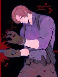 1boy artist_name belt black_background blue_eyes blue_shirt brown_gloves brown_hair brown_pants chest_harness commentary explosive gloves grenade gun harness highres holding holding_gun holding_weapon leon_s._kennedy male_focus maplehmm pants parted_lips resident_evil shirt short_hair simple_background solo twitter_username weapon 