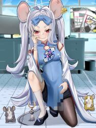  1girl animal_ears black_pantyhose blue_archive blue_bow blue_dress bow breasts chinese_clothes commentary_request dress ear_tag grey_hair hair_bow highres indoors kamen_rider kamen_rider_my-th_(series) long_hair medium_breasts mouse_(animal) mouse_ears mouse_girl mouse_tail my-th_driver pantyhose qipao red_eyes saya_(blue_archive) single_leg_pantyhose single_sock sleeveless sleeveless_dress socks tacos24185336 tail very_long_hair white_socks 