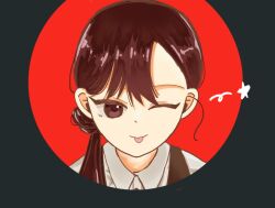  1girl black_hair bowing butler female_butler loose_hair_strand mari_(omori) omori one_eye_closed smile solo tongue tongue_out u8zsmungjm96167 