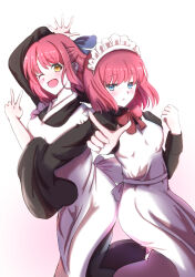  2girls :d ;d apron back-to-back black_dress black_kimono blue_bow blue_eyes blush bow bowtie commentary_request cowboy_shot dress giorgio_(yo_sumire_sola1) hisui_(tsukihime) inward_v japanese_clothes kimono kohaku_(tsukihime) l_hand looking_at_viewer maid maid_apron maid_headdress mixed_maids multiple_girls one_eye_closed open_hand red_bow red_bowtie red_hair siblings simple_background sisters smile tsukihime tsukihime_(remake) twins v wa_maid white_apron white_background yellow_eyes 
