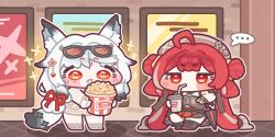  ... 2girls :3 ahoge animal_ear_fluff animal_ears black_socks blush_stickers brown_hat chibi chibi_only closed_mouth commentary_request cup disposable_cup double-parted_bangs dress drinking_straw food fox_ears fox_girl fox_tail full_body hat highres holding holding_cup hsin_(wuthering_waves) jitome korean_commentary long_hair monyami multiple_girls orange_eyes plaid_clothes plaid_skirt pleated_skirt popcorn popcorn_bucket red_eyes red_hair red_shoes red_skirt shoes skirt socks spoken_ellipsis standing suoming_(wuthering_waves) tacet_mark_(wuthering_waves) tail very_long_hair white_dress white_hair white_shoes wuthering_waves 
