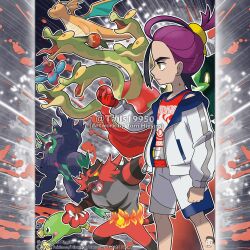  1boy absurdres artist_name black_hair brown_eyes claws clenched_hand closed_mouth collarbone colored_sclera commentary company_name copyright_notice dragon dragon_wings dragonite english_commentary fangs fire flying from_side gloves green_eyes grimmsnarl highres holding holding_poke_ball horns hydrapple incineroar jacket kieran_(pokemon) long_nose long_sleeves male_focus merchandise_available mole mole_on_neck multicolored_hair official_alternate_costume official_alternate_hairstyle official_style open_clothes open_jacket open_mouth outline pointy_ears pointy_nose poke_ball poke_ball_(basic) poke_ball_print pokemon pokemon_(creature) pokemon_scarlet_and_violet pokemon_team politoed porygon-z purple_hair red_eyes red_gloves red_tank_top sharp_teeth short_hair shorts single_glove single_horn standing tank_top teeth tom_higgins tongue tongue_out two-tone_hair v-shaped_eyes watermark white_jacket white_outline white_shorts wings yellow_eyes yellow_sclera 