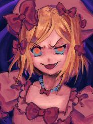  1girl blonde_hair bow close-up crazy_eyes crazy_smile dark_background dress evil_smile fang frills glowing glowing_eyes hair_bow hat jewelry lambdadelta looking_at_viewer necklace orange_eyes painterly phosbeep pink_bow pink_dress portrait purple_background short_hair smile smug solo tongue tongue_out umineko_no_naku_koro_ni 