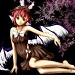  adapted_costume animal_ears arm_support bare_shoulders barefoot dress dress_shirt earrings fingernails giwa hat jewelry legs long_fingernails looking_at_viewer mystia_lorelei outstretched_arm pink_hair red_eyes shirt short_dress short_hair sitting sleeveless solo touhou wings 