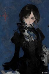 1girl absurdres aristocratic_clothes ascot black_dress black_gloves black_hair black_ribbon bleeding blood blood_on_cheek blood_on_face blue_ascot blue_background blue_ribbon breasts buttons chinese_commentary closed_mouth collar commentary_request cowboy_shot cropped cross curly_hair dress elbow_gloves frilled_collar frilled_sleeves frills gloves grey_eyes hair_ribbon hand_on_own_chin high_collar highres juliet_sleeves latin_cross light_frown long_sleeves looking_to_the_side loose_hair_strand low_ponytail neck_ribbon original painterly ponytail puffy_sleeves ribbon scratches side_part side_ponytail sideways_glance simple_background small_breasts solo swept_bangs watermark weibo_username weibo_watermark white_collar wide_sleeves wo_kaiqi_chelai 