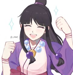  1girl ace_attorney black_hair breasts clenched_hands closed_eyes commentary facing_viewer hair_ornament haori happy highres japanese_clothes kimono light_blush long_hair long_sleeves maya_fey mii4c open_mouth purple_haori sidelocks simple_background small_breasts smile solo sphere_hair_ornament teeth topknot twitter_username untranslatable_commentary upper_body upper_teeth_only white_background 
