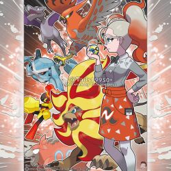  1girl absurdres aerodactyl apron arm_cannon armarouge armor artist_name bird black_bow black_bowtie black_sclera blue_eyes bow bowtie camerupt claws closed_mouth colored_sclera commentary company_name copyright_notice english_commentary eyelashes fangs fire flaming_eye flying from_side glasses gradient_hair grey_hair grey_shirt griselle_(pokemon) hand_on_own_hip highres holding holding_poke_ball long_hair long_sleeves lower_teeth_only mega_pokemon mega_pyroar merchandise_available metagross multicolored_hair official_style open_mouth orange_apron orange_hair outline pantyhose poke_ball pokemon pokemon_(creature) pokemon_legends:_z-a pokemon_team ponytail print_apron pyroar quick_ball red_eyes sharp_teeth shirt talonflame teeth tom_higgins triangle_print two-tone_hair watermark weapon white-framed_eyewear white_outline white_pantyhose yellow_armor 
