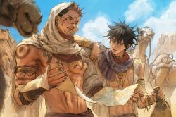  2boys abs alternate_costume animal arm_tattoo arms_on_another's_shoulder black_hair camel chest_tattoo commentary day desert english_commentary extra_eyes facial_tattoo fushiguro_megumi green_eyes height_difference highres holding holding_map jujutsu_kaisen looking_at_another male_focus map multicolored_hair multiple_boys muscular muscular_male navel no_nipples outdoors pectorals pink_hair ryoumen_sukuna_(jujutsu_kaisen) short_hair sky tattoo toned toned_male two-tone_hair woshihedawei 