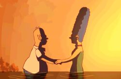  1boy 1girl anime_coloring bare_arms bare_shoulders bead_choker beads beehive_hairdo black_hair blue_hair blue_pants choker collared_shirt colored_skin commentary deltarune dress english_commentary face-to-face fake_screenshot fat from_side green_dress holding_hands homer_simpson husband_and_wife lake marge_simpson orange_sky pants parody red_choker ripples shaded_face shirt short_hair short_sleeves sky strapless strapless_dress sun sunset the_simpsons tonolov tree updo utdr_(toby_fox) very_short_hair wading water weird_route_(deltarune) white_shirt yellow_skin 