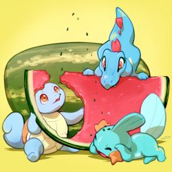  artist_name bkomei closed_eyes dated eating english_commentary food food_focus fruit lying mudkip no_humans open_mouth pink_eyes pokemon pokemon_(creature) pokemon_focus red_eyes shadow sitting squirtle totodile watermelon watermelon_seeds yellow_background 