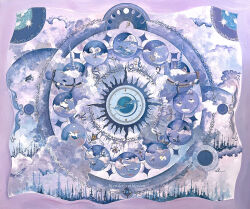 absurdly_detailed_composition absurdres bird border carriage clock clouds cloudy_sky constellation cool_colors diamond_(shape) dragon english_text european_architecture fantasy flying highres mandala moon moon_phases no_humans original ornate_border purple_background purple_theme rabbit scenery sekaijunohappa signature sky spire star_(sky) star_(symbol) starry_sky sun traditional_media unicorn zodiac_wheel 