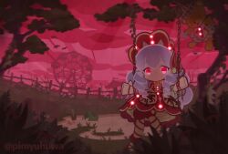  1girl abandoned alternate_costume blue_hair bonnet bow bowtie bucket carousel chain closed_mouth commentary_request control_bar doll_joints dot_mouth dress drill_hair drill_sidelocks fence ferris_wheel flower glowing glowing_eyes grass joints julia_(puyopuyo) long_hair night official_style on_swing outdoors petticoat pimyuhuwa pink_flower planted planted_shovel puyopuyo puyopuyo_quest red_bonnet red_dress red_eyes red_ribbon red_shoes red_sky red_thighhighs ribbon sand shoes shovel sidelocks sitting sky solo striped_clothes striped_thighhighs stuffed_animal stuffed_toy swing teddy_bear thigh-highs tree twitter_username very_long_hair wooden_fence yellow_bow yellow_bowtie 