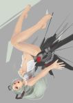  bad_id barefoot daro_(645046276) feet green_hair hatsune_miku highres navel no_pants open_mouth red_eyes solo twintails upside-down vocaloid 