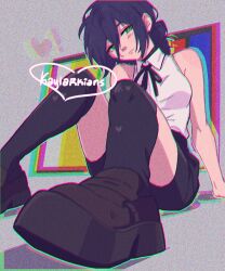  1girl bare_arms bare_shoulders black_choker black_ribbon black_shorts black_socks blush breasts brown_shoes chainsaw_man choker chromatic_aberration collared_shirt commentary english_commentary film_grain foot_out_of_frame green_eyes grey_background hair_between_eyes hair_bun highres ichlosa kneehighs light_smile loafers looking_at_viewer medium_breasts medium_hair neck_ribbon purple_hair reze_(chainsaw_man) ribbon shirt shoes shorts sitting sleeveless sleeveless_shirt socks solo updo white_shirt 
