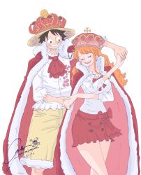  1boy 1girl absurdres ascot black_hair blush bow bowtie breasts cape closed_eyes commentary crown earrings english_commentary feet_out_of_frame floral_print floral_print_shirt fur-trimmed_cape fur-trimmed_shorts fur_trim grin hat height_difference highres holding_hands jewelry joshua_one_piece_arts large_breasts long_hair looking_at_another miniskirt monkey_d._luffy nami_(one_piece) official_alternate_costume one_piece open_mouth orange_hair print_shirt red_ascot red_bow red_bowtie red_cape red_skirt scar scar_on_cheek scar_on_face shirt short_hair shorts signature skirt smile straw_hat thighs wavy_hair white_background white_shirt yellow_shorts 