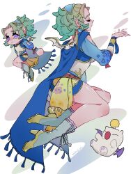  1girl artist_name blue_boots blue_cape boots cape chibi closed_eyes clothing_cutout commentary_request creature dissidia_012_final_fantasy dissidia_final_fantasy eakanasu earrings final_fantasy final_fantasy_vi floating gold_trim green_hair high_heel_boots high_heels highres jewelry leotard medium_hair mini_wings moogle multiple_views official_alternate_costume pointy_ears ponytail sash shoulder_cutout terra_branford violet_eyes waist_sash white_leotard wings 