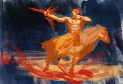  1boy abs abstract_background animal arm_tattoo bow bow_(weapon) dahnu drawing_bow extra_eyes fire forehead_tattoo highres holding holding_bow_(weapon) holding_weapon horse jujutsu_kaisen male_focus muscular muscular_male painterly rebelle_(medium) ryoumen_sukuna_(jujutsu_kaisen) shaded_face short_hair tattoo weapon wrist_tattoo 
