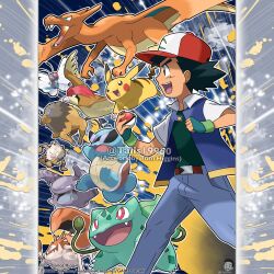  1boy :3 absurdres anger_vein antennae aqua_eyes artist_name ash_ketchum baseball_cap belt bird black_hair blue_jacket blue_pants bright_pupils brown_belt brown_eyes bulbasaur butterfree charizard claws clenched_hand clothed_pokemon commentary company_name copyright_notice denim dragon dragon_wings english_commentary fangs flying from_side gloves green_gloves green_shirt hat highres holding holding_poke_ball horns jacket jeans kingler legs_apart male_focus merchandise_available muk nostrils official_style open_clothes open_jacket open_mouth outline pants pidgeotto pikachu plant poke_ball poke_ball_(basic) pokemon pokemon_(anime) pokemon_(classic_anime) pokemon_(creature) pokemon_team primeape red_eyes red_hat scarf shirt short_hair short_sleeves smile squirtle standing sunglasses tauros teeth tom_higgins upper_teeth_only v-shaped_eyes variant_set vines watermark white_outline white_pupils wings yellow_scarf 