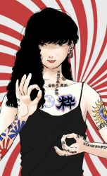  1boy 88kasyo_junrei androgynous arm_tattoo asymmetrical_hair black_dress brown_eyes chest_tattoo collarbone commentary_request dress earrings finger_tattoo forked_tongue hand_up highres hoop_earrings jewelry karana_mudra long_hair looking_at_viewer male_focus margarette_hiroi mudra neck_tattoo oshiri-kun_wo red_background solo spaghetti_strap spiral_background straight-on sun_symbol sun_tattoo tattoo text_tattoo tongue tongue_out two-tone_background upper_body vitarka_mudra wavy_hair white_background 