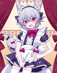  1boy animal_ears apron bishounen bow bowtie commentary_request cowboy_shot crossdressing crossdressing_(mtf) crossed_bangs dress embarrassed fang frilled_apron frills glowing grey_hair hair_between_eyes hair_bow hair_ornament highres light_blush maid maid_apron maid_headdress male_focus male_maid motiumai open_mouth original pink_eyes short_hair short_sleeves skin_fang solo star_(symbol) straight-on sweat tail white_apron wolf_boy wolf_ears wolf_tail 