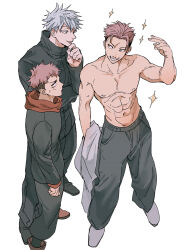  3boys abs absurdres black_jacket black_panties blue_eyes collarbone dual_persona full_body gojo_satoru highres holding holding_unworn_clothes hood hood_down hoodie itadori_yuji jacket jacket_over_hoodie jujutsu_kaisen jujutsu_kaisen_modulo jujutsu_tech_uniform looking_at_another male_focus multiple_boys naang_jjk navel nipples panties pink_hair red_hoodie short_hair simple_background sparkle standing toned toned_male topless_male underwear white_background white_hair 