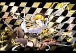  amgetd black_feathers blonde_hair breasts checkered checkered_background drill_hair erect_nipples gun hat large_breasts letterboxed magical_girl magical_musket mahou_shoujo_madoka_magica rifle solo striped striped_legwear thighhighs tiles tomoe_mami twin_drills weapon yellow_eyes zettai_ryouiki 