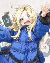  1girl :d aqua_eyes baseball_cap belt belt_pouch blonde_hair blue_coat cabin_(pragmata) child coat commentary_request diana_(pragmata) floating_hair hat highres long_hair long_sleeves non-humanoid_robot nyucha open_mouth padded_coat pouch pragmata puffy_coat puffy_long_sleeves puffy_sleeves robot smile teeth upper_teeth_only 