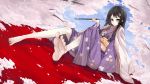  black_hair blush braid cherry_blossoms feet hair_ornament hairclip haori japanese_clothes kimono kiseru light_smile long_hair obi original pipe rage_(rojiura) sitting solo 