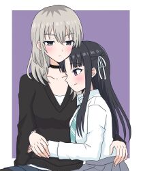  2girls awa_subaru black_choker black_sweater blush border choker closed_mouth collared_shirt commentary girls_band_cry grey_eyes grey_hair grey_skirt hair_ribbon hand_on_another's_waist highres hug kawaragi_momoka long_hair multicolored_hair multiple_girls pleated_skirt purple_background ribbon roots_(hair) shirt simple_background skirt smile sweater violet_eyes white_border white_ribbon white_shirt xiaoyu_(xiaoyu0308) yuri 