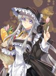  cu-rim dress flower food frills grey_hair maid original purple_eyes solo violet_eyes 