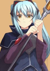  1girl animal_ear_hairband animal_ears ao_no_kiseki blue_hair cat_ear_hairband cat_ears cat_hair_ornament closed_mouth commentary_request eiyuu_densetsu fake_animal_ears hair_between_eyes hair_ornament hairband hajimari_no_kiseki highres holding holding_staff konohanaillust looking_at_viewer simple_background staff tio_plato yellow_eyes zero_no_kiseki 