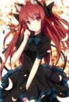  alternate_hairstyle animal_ears blush bow cat_ears cat_tail dress gingami glowing hair_bow hair_down hand_to_face kaenbyou_rin light_smile long_hair multiple_tails nagomi_no_ame petals red_eyes red_hair redhead ribbon smile solo tail touhou 